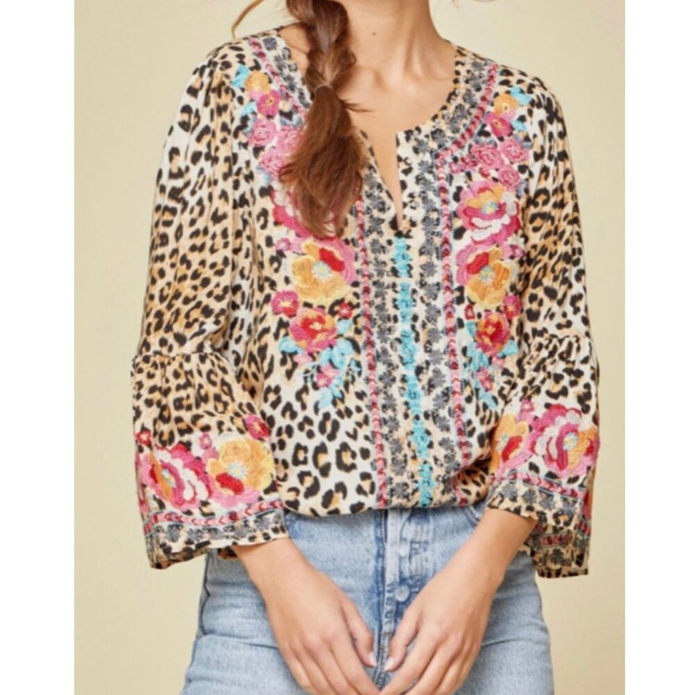 Savanna Jane Floral Embroidered Leopard Print Top - Multi colored size M - Picture 2 of 13